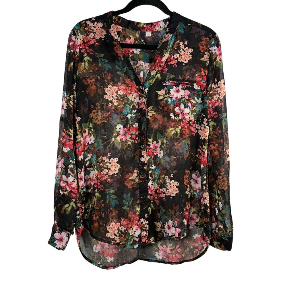 KUT from the Kloth Sheer Black Floral Blouse Button Down Roll Tab Sleeve M